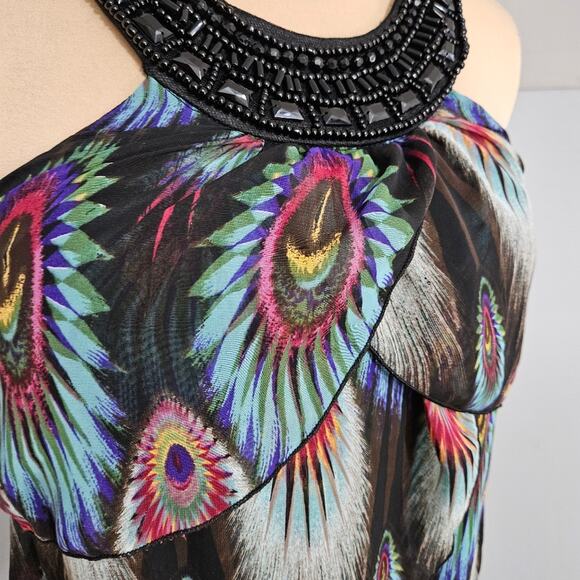 XXI Peacock Layered Tunic Beaded High Neck Top Small Fairy Retro Glam Feather - Picture 7 of 14